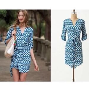 NEW Maeve Anthropologie Ikat Frequencies Blue White Shirt Dress Preppy Vacation